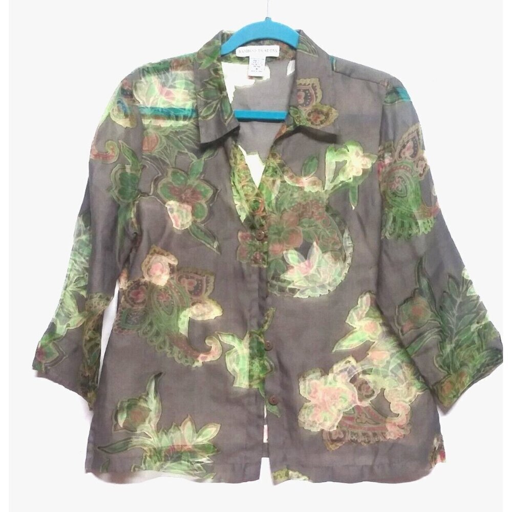 Bamboo traders blouse FLAX BLEND Size M gray green collared button up semi-sheer